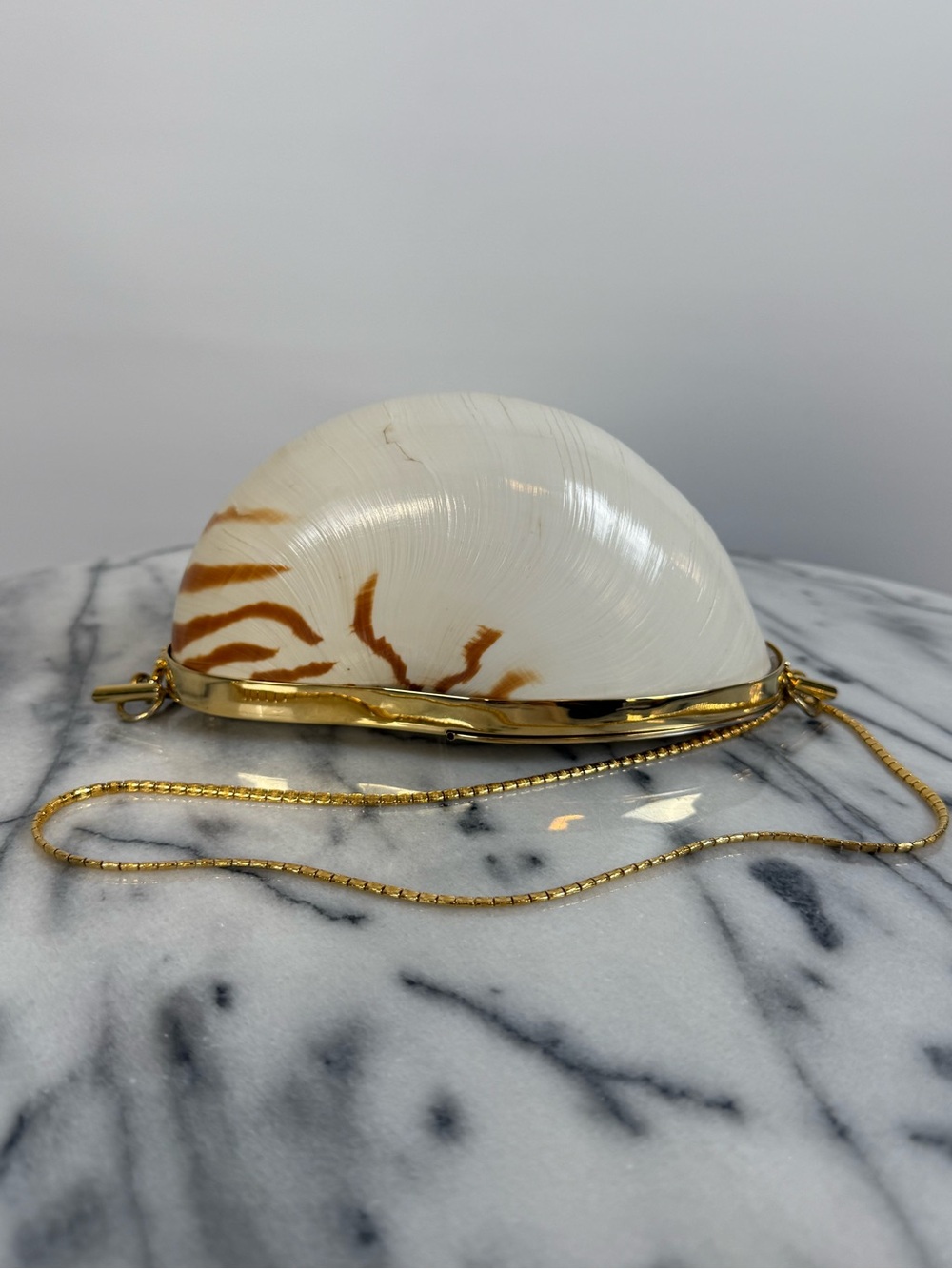 Judith Leiber Minaudiere Vintage Ivory Seashell Handbag w/ Gold Chain